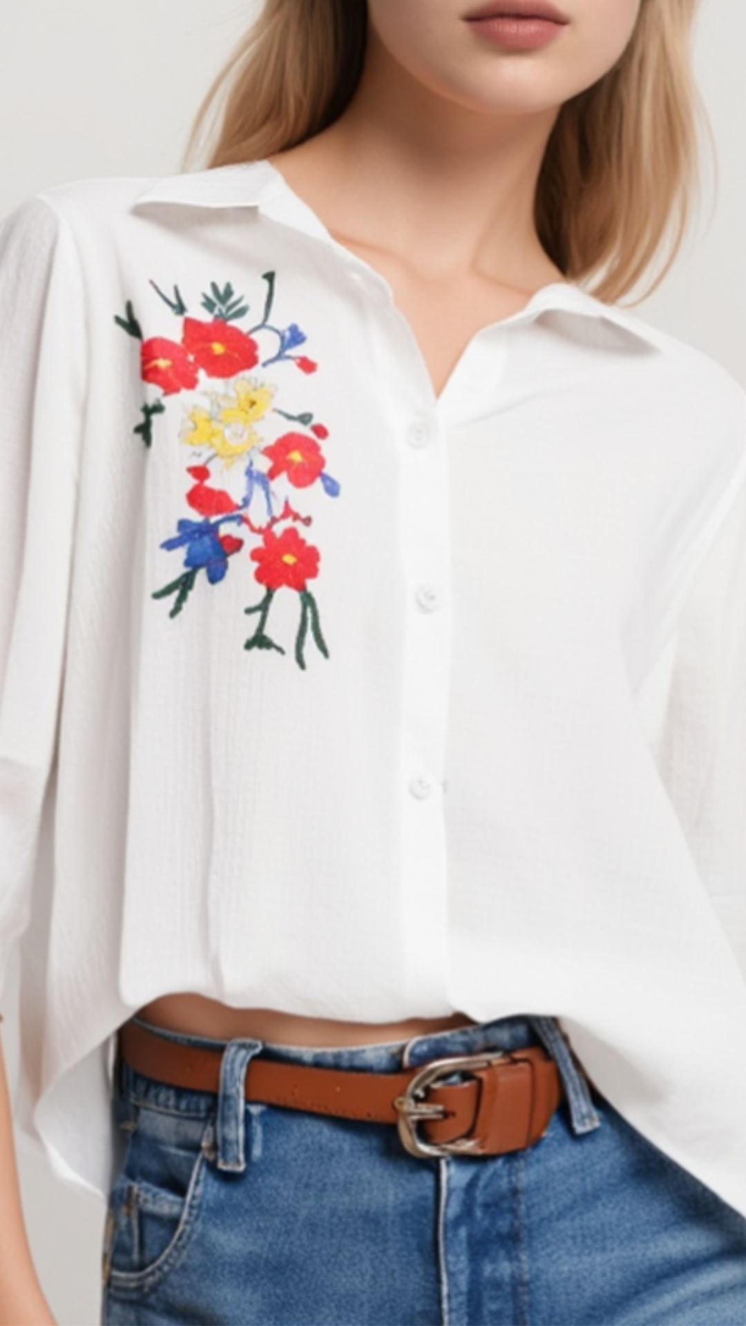 Πουκάμισο Λευκό – Κεντητά Λουλούδια