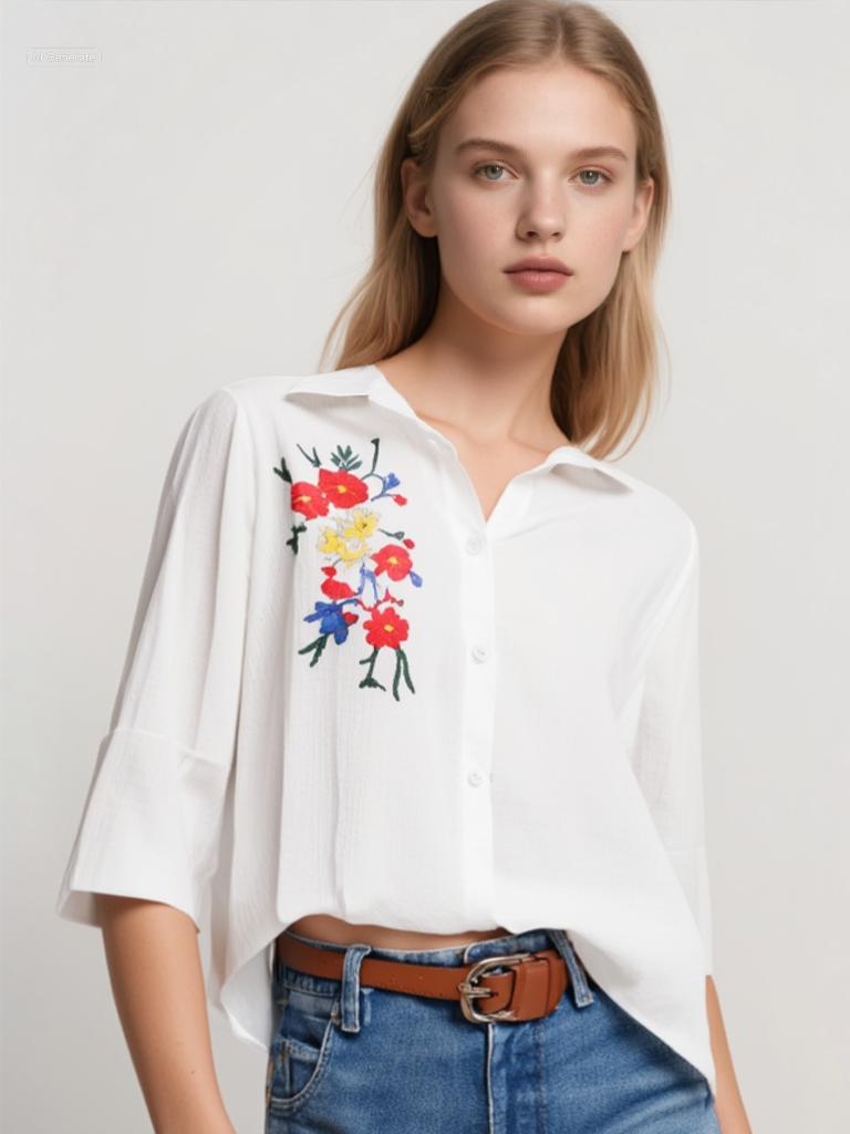 Πουκάμισο Λευκό – Κεντητά Λουλούδια