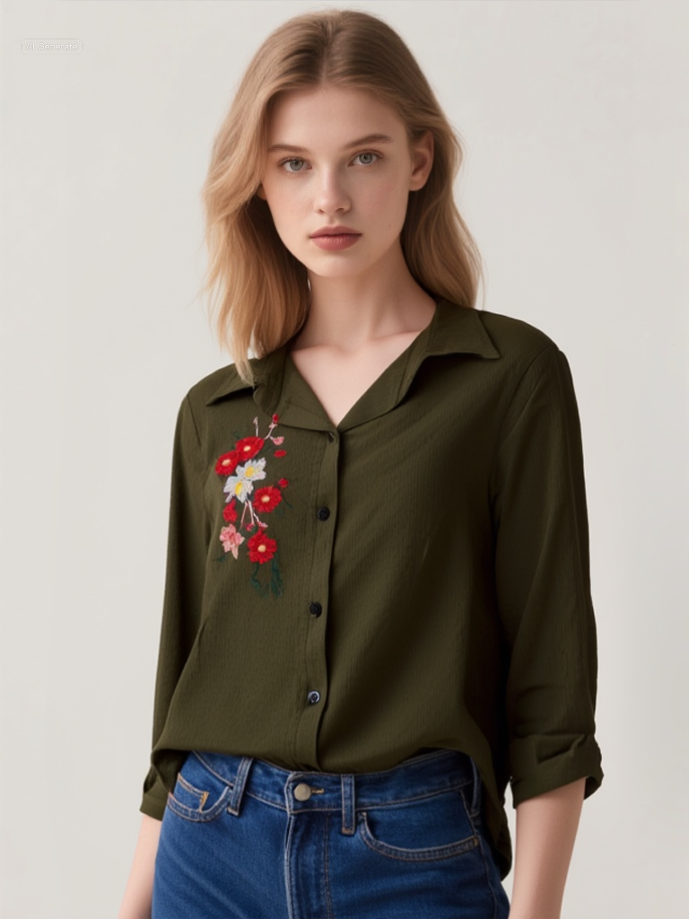 Πουκάμισο Λαδί – Κεντητό